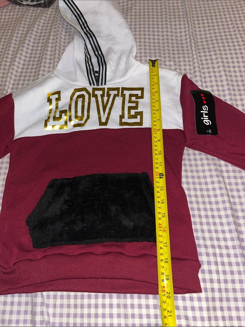 The Girls Maroon, White & Black Hoodie with Gold LOVE Appliqué